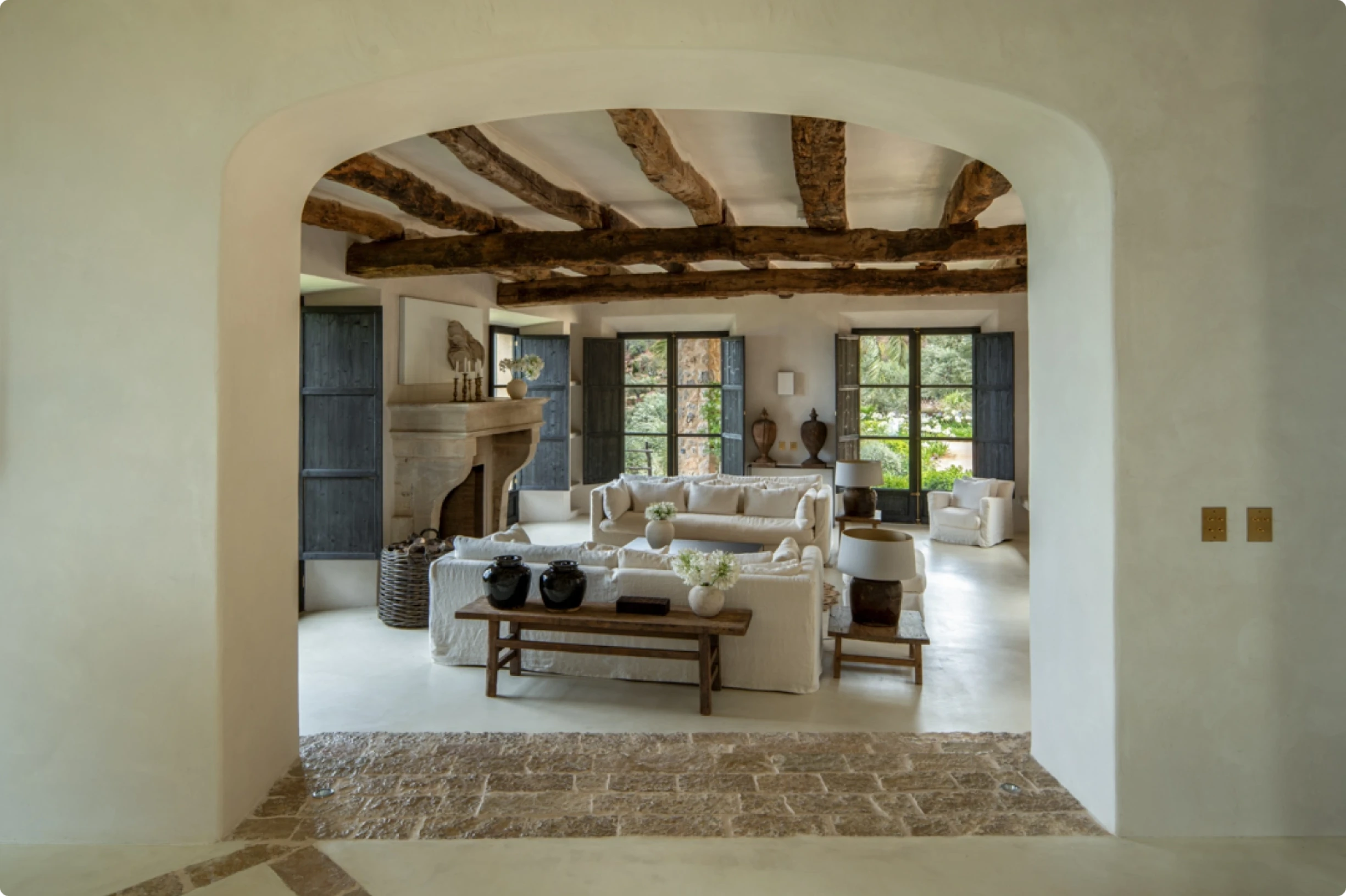 Living space inside a property with revealed wooden beams